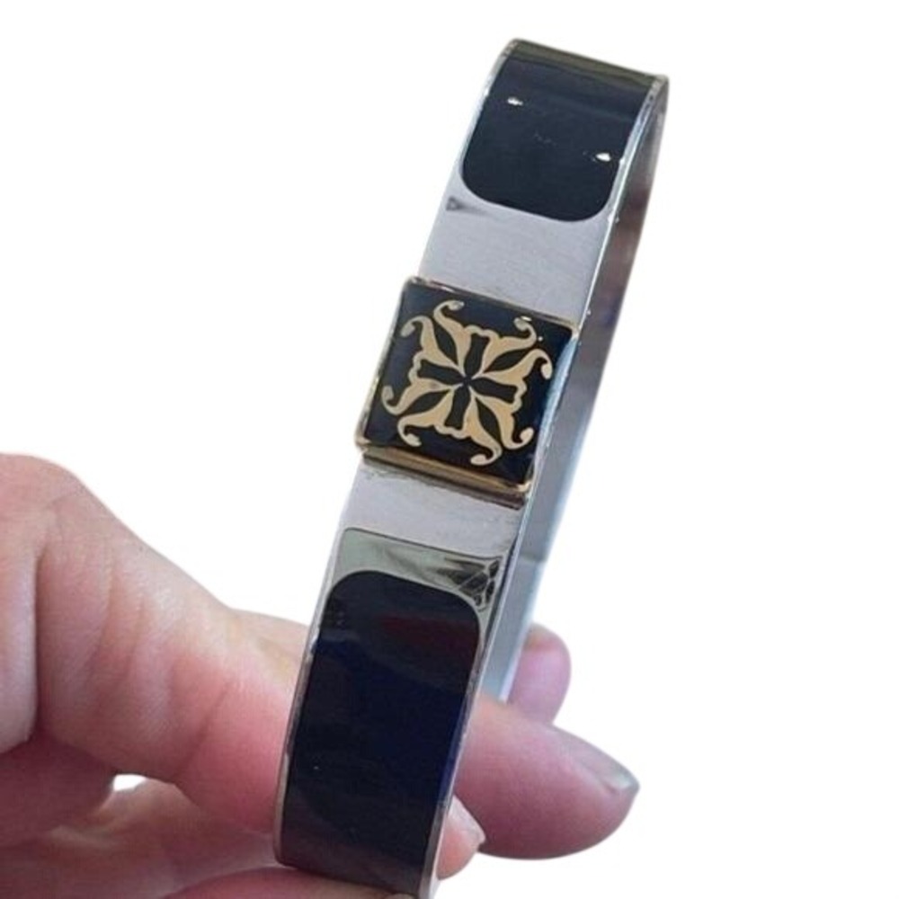 Rustic Cuff Bangle Black Silver Gold Filigree Ena… - image 5